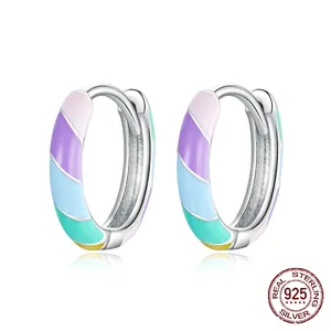 925 Sterling Silver Rainbow Enamel Hoop Earrings Colorful Drip Oil Geometric Huggie Ear Buckle For Women Fashion Jewelry Gift