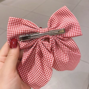 Elegant red and white gingham fabric bow hair clip with silver metal duckbill back