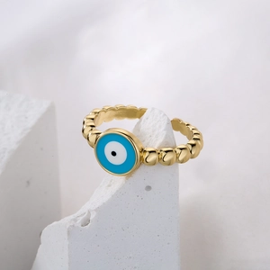 18K gold-plated beaded open ring featuring a blue evil eye enamel charm for women