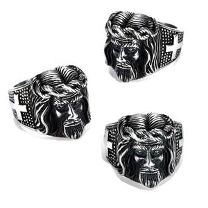 Jesus Christ Head Portrait Ring Stainless Steel Cross Relief Retro Vintage Gothic Punk Style For Men