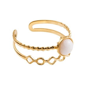 Double-layered 18K gold plated ring with white stone inlay and geometric patterns
