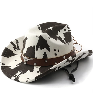 Chapeau De Cowboy À Imprimé Vache Style Western Avec Boucle En Métal Tête De Taureau Bande En Cuir Et Corde Coupe-Vent