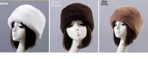 Plush faux rabbit fur bucket hats shown in white, dark brown and light brown colors