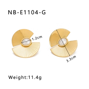 Detail view of 18k gold plated fan earrings with pearl inlay and size specifications