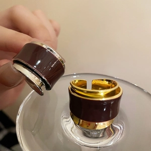 Chic double-layer open ring set with vintage gold metal frame and brown enamel glaze finish