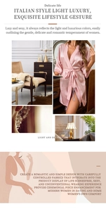 Detail of pink satin silk robe showing smooth texture, belted waist, and fringe hem details