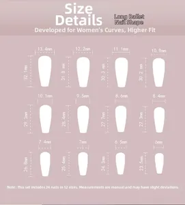 Guide des tailles pour 24 faux ongles ballerine longs avec détails de 12 dimensions