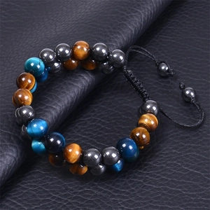 Double-layer 10mm tiger eye and hematite beaded bracelet with adjustable braided rope