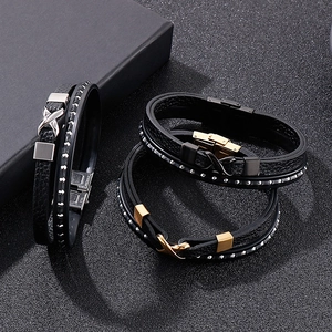Men's multi-layer braided leather bracelet with stainless steel cross on dark box