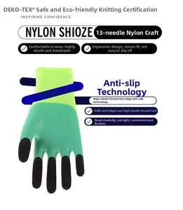Detail of 13-gauge nylon work gloves with OEKO-TEX certification and high elasticity