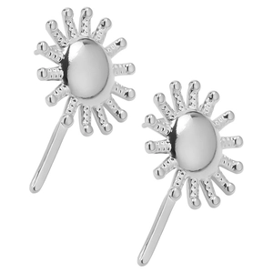 Macro detail of sunburst 304 stainless steel stud earrings with a polished silver finish