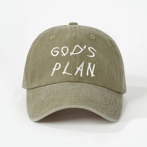 Adjustable olive green washed cotton baseball cap featuring white GOD'S PLAN embroidery