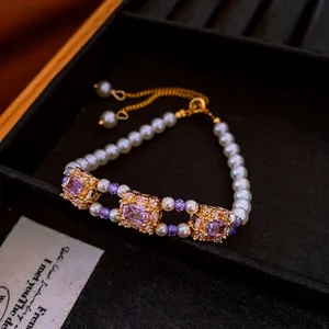 Elegant Artificial Pearl Bracelet With Square Cubic Zirconia Geometric Pendant Adjustable Drawstring French Vintage Style For Women