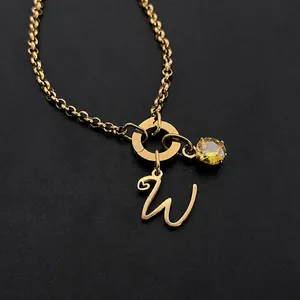 Hoogwaardige roestvrijstalen ketting met letter W-hanger en gele kristallen steen