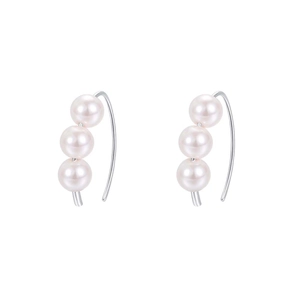 French vintage style S925 silver hook earrings with three vertical pearls in white
