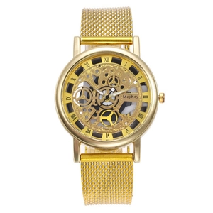 Golden skeleton quartz watch with roman numerals and mesh steel strap for men
