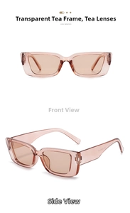 Front and side views of vintage rectangle sunglasses in transparent tea resin frame