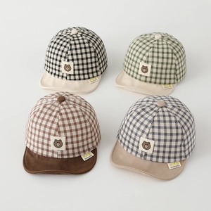 Plaid baby baseball cap with bear patch in four colors, breathable sun protection hat