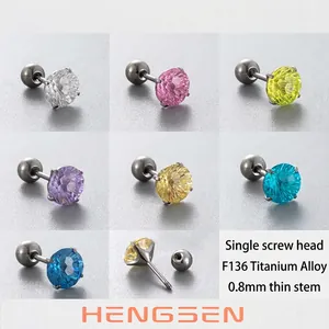 Titanium Alloy Zirconia Stud Earrings Screw Back Fireworks Cut Round Hypoallergenic Helix Cartilage Piercing For Women