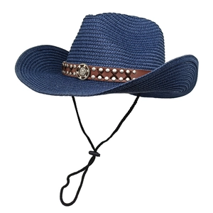 Navy blue western straw cowboy hat with leather band and vintage metal emblem decoration