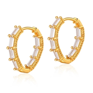 Detailed macro view of 18K gold plated brass earrings with rectangular zircon inlay