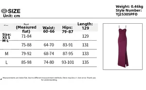 Tableau des tailles pour robe longue fendue avec mesures de XS à L en centimètres