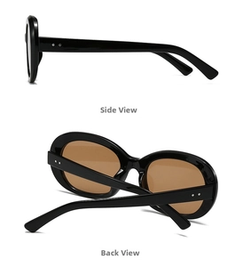 Detailed side and back view of retro oval sunglasses with metal rivet accents