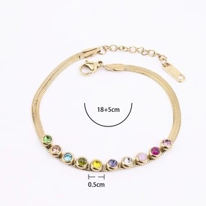 Gold stainless steel snake chain bracelet with colorful gemstones, 18+5cm length