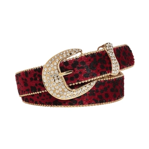 Red leopard print belt with golden rhinestone buckle and studded trim for women