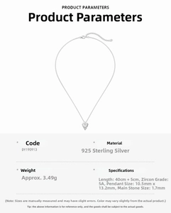 Detailed chart of S925 sterling silver heart necklace with 5A zircon stone specs