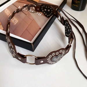 Deep brown leather waist chain with silver heart studs and eyelets for women