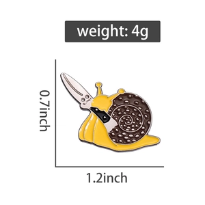 Detail showing creative snail enamel pin size dimensions 0.7x1.2 inches and 4g weight