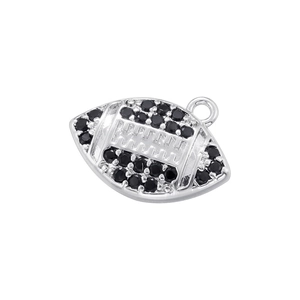 Detailed view of silver rugby ball pendant featuring sparkling black gemstones
