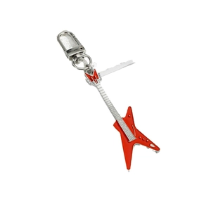 V-shaped red electric guitar keychain with silver metal hardware on a white background