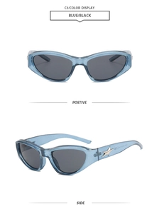 Detail view of translucent blue Y2K sports sunglasses with metal star and CE mark