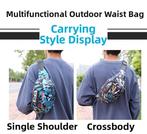 Detail of camouflage waist bag with adjustable grey strap and secure black buckle clasp