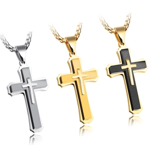 Collier Pendentif Croix Double Couche Pour Hommes Acier Inoxydable Titane Punk Gothique Bijou Religieux