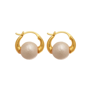 Elegant gold plated hoop earrings with textured pearl beads on a clean white background