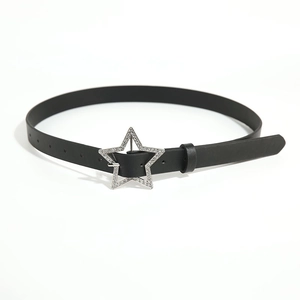 Y2K millennium style black leather belt with silver rhinestone hollow star buckle for jeans
