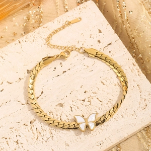 Golden butterfly charm bracelet with white shell inlay and flat blade chain link