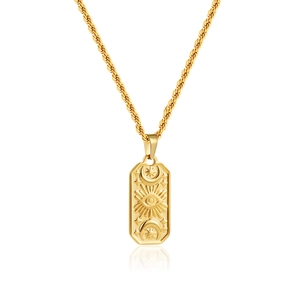 18K gold-plated rectangle pendant necklace with evil eye and celestial embossed motifs