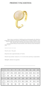 Size chart for S925 sterling silver opal ring showing adjustable measurements and weight