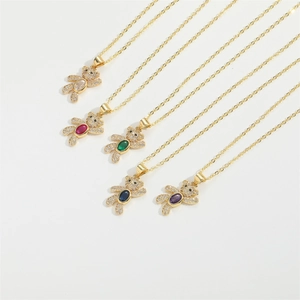 Luxury teddy bear pendant necklace set with colorful crystals on golden O-chains