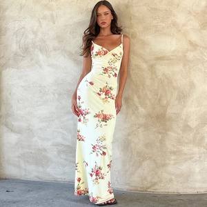 Floral print sleeveless long maxi dress with spaghetti straps and a slim bodycon fit