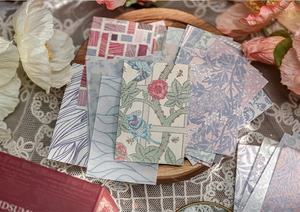 Detail of vintage decorative paper featuring floral, bird, and geometric patterns on a tray
