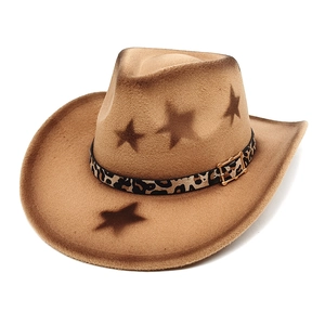 Western style tan felt cowboy hat featuring dark star prints and leopard belt detail