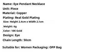 Detailed specifications of 18K gold plated eye pendant necklace with copper material and dimensions