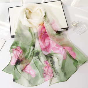 Women Long Scarf Georgette Faux Satin Sun Protection Lightweight Thin Ink Wash Floral Leaf Print Elegant Summer Spring Shawl