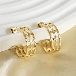 Stainless Steel Gold Plated Hoop Earrings Hollow Out Cross Pattern Geometric Minimalist Jewelry For Women
