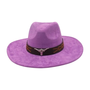 Detail of purple suede cowboy hat with brown leather band and silver bull head ornament